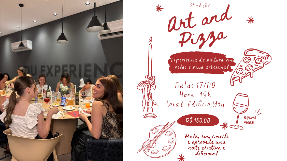 Arte do evento Art & Pizza — experiência de pintura em velas e pizza artesanal